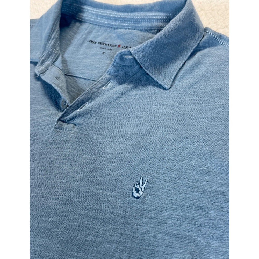 John Varvatos USA Mens Blue Slub Cotton Peace Sign Logo Polo Shirt S - Picture 3 of 7